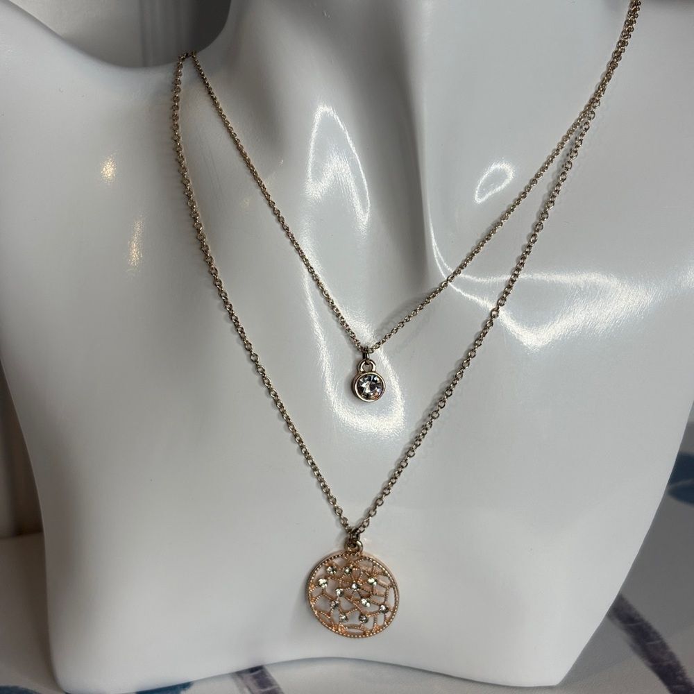 Rose Gold-Tone  Rhinestone Double Pendant Necklace